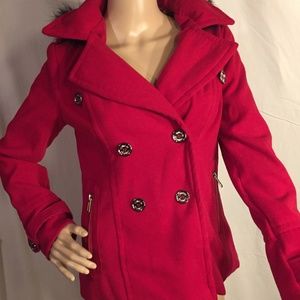 Women's Dollhouse Hooded Peacoat, Red, Size S